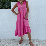 MQTIME  -  Solid Color Straight Tank Dress Sleeveless Holiday Viscose Maxi Dress Button Up V Neck Boho Dress Vacation Robes