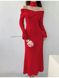 Mqtime women Elegant V-neck Flower Decoration Sweater Dresses Vintage Slim A-line Knitted Party Long Dress Korean Fashion Autumn Winter