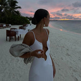 MQTIME  -  Women Evening Dress Elegant Solid Color Irregular V Neck Maxi Dress Sexy Sleeveless Backless Pleated Hem Resort Sling Dress