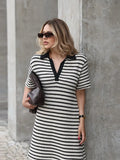 MQTIME  -  Loose Women Knitted Stripe Contrast Dress Polo Neck Casual Commuter Female Short Pullover Knit Dress Elegant Office Vestidos