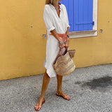 MQTIME  -  Women Simple Single-breasted Shirt Dress Fashion Long Sleeve Mid-Length Beach Summer Side Slit Sundress with Belt