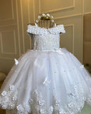 MQTIME  -  White Green Flower Girl Dress For Wedding Applique Tulle Short Sleeve Pearl Princess Kids Birthday First Communion Ball Gown