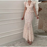  MQTIME  -  Chiffon Printed Ruffle Skirts Sets Women V-neck Short Puff Sleeve Button Cropped Shirt Slim Mermaid Skirt Summer Party Suit