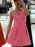 MQTIME  -  Halter Waist Cinched Dress One Neck Pink Pleated Fuffy Short Dresses Slim Fit Suspender Dress Women Strap Party Evening Gown