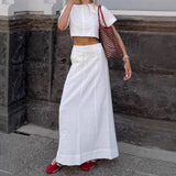 MQTIME  -  Women's Top Suit Solid Cotton Lined O-neck Short Sleeve Cropped Tops Loose Elastic Waist Midi Skirts Female Outfits Lady Outwear