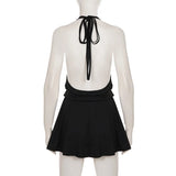 MQTIME  -  Rivets Swinging Collar Lace Up Halter Backless A-line Mini Dress Women Sexy Sleeveless Y2K Casual Streetwear Night Clubwear
