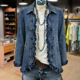 MQTIME  -  Women's Ruffled Denim Jacket Chic Button Slim Fit Short Coat for Spring Autumn Versatile Long Sleeve Solid Color Top