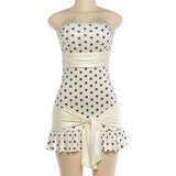 MQTIME  -  Lace Up Ribbon Patchwork Polka Dots Print Strapless Mini Dress Women Sexy Ruffles Hem Sleeveless Backless Bodycon Party Clubwear