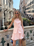 MQTIME  -  Two Pieces Set Women's Vest Skort Suits Sleeveless Button-front Top Ruffled Loose Shorts Summer Office Casual Daily Outfit