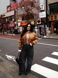  MQTIME  -  Fashion Retro Lapel Short Leather Jacket Women Full Sleeve Zipper Pocket Cropped Jackets Lady Daily Highstreet Outerwear