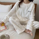 MQTIME  -   New Fall Winter Women Loungewear Fleece Stripe Pajama Set Girl Lady Round Neck Solid Color Homewear Soft Home Clothes Woman Teen