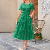 MQTIME  -  Summer New Women Short Sleeved Long Dress Trendy V-Neck Hollow Eyelets Ruffle Hem A-Line Dresses Pockets Female Vestidos