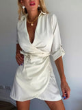 MQTIME  -  Summer Women Cotton Linen Short Dress Short Sleeve Lapel Solid Casual Dress Temperament Lacing Waist Slim Office Dress 2025