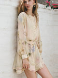  MQTIME  -  Fashion Printed Patchwork Short Dresses Women Elegant Long Sleeve Hollow High Waist Belt Mini Dress Lady Summer Chic Caual Robe