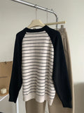 MQTIME  -  Striped Round Neck Knitted Sweater For Women Loose  Casual Simple Raglan Sleeves Tops