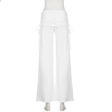  MQTIME  -  Women's Folds Waisted Wide Leg Pants Casual Ruched Drawstring Side Flowy Straight Trousers Streetwear Fashion Y2K Loose Fit New