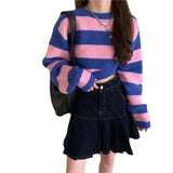 MQTIME  -  Batwing Sleeve Knitwear Sexy Fashion Women Turtleneck Sweater Pink and Purple Striped Hole Cropped Pullover Sweaters Oversized