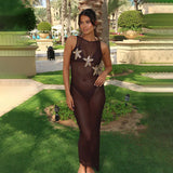 MQTIME  -  3d Starfish See Through Beach Long Dress Women Slim O-neck Sleeveless Backless Lace Up Dresses 2025 Summer Mesh Holiday Robes