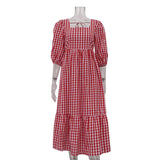  MQTIME  -  Spring New Product Red Plaid Square Collar Five-quarter Sleeve Lace-up Dress Women's Casual Dress