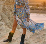 MQTIME  -  Boho Dress Long-sleeved Blue Printing Maxi Dress V Neck Loose Fit Holiday Vestidos Hippie Mujer Robe Chic Beach Dress