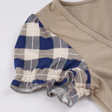 MQTIME  -  American Preppy Argyle Contrast Color Patchwork Square Collar Short Sleeve Top Female