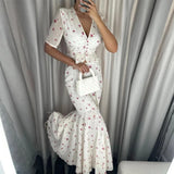  MQTIME  -  Chiffon Printed Ruffle Skirts Sets Women V-neck Short Puff Sleeve Button Cropped Shirt Slim Mermaid Skirt Summer Party Suit