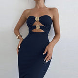 MQTIME  -  Trendy Skinny Metal Buckle Hollow Out Party Gown Sexy Strapless Twist Solid Evening Dress Elegant Lady Sleeveless One-piece Robe