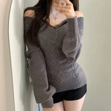 MQTIME  -  Sweet Hot Girl Pure Sexy V-neck Slim Fit Sweater Women's Autumn and Winter Off Shoulder Long-sleeved Knitwear Female Clothes