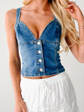MQTIME  -  Women s Sleeveless Denim Vest with Deep V Neck and Open Back Detail  Fit Button-up Tank Top for Summer Streetwear Fashion