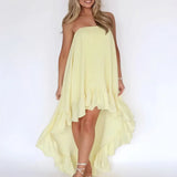 MQTIME  -  Yellow Ruffle Edge Design Summer Dress Simple Backless Hollow Out Beach Dress Sexy Strapless Pleated Irregular Woman Long Dress