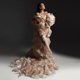 MQTIME  -  Custom 3D Big Rose Flower Maternity Robe Off Shoulder Ruffled Organza Long Train Pregnancy Dress Maternity Photoshoot Outfit