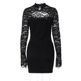MQTIME  -  Women Hollow Out See Through Lace Patchwork Bodycon Mini Dress O Neck Long Sleeve Hipster Slim Night Clubwear Party Outfits