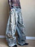  MQTIME  -  American Retro Washed Denim Jeans with Distressed and Printed Design, Loose and Wide-leg Streetwear Pants for Women