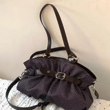  MQTIME  -  Retro Belt Buckle Polka Dot Tote Bag Large Capacity Pleated Handbag, Versatile Shoulder Crossbody Bag For Women Students Commute