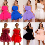 MQTIME  -  Bow Front Ruffle Hem Mesh Tube Dress For Women Lady Organza Dresses