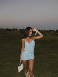 MQTIME  -  Sexy Blue Mini Halter Dress Women Fashion Sleeveless Backless See-through Slim Dresses Summer Lady Daily Vacation Robes
