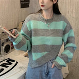 MQTIME  -  Batwing Sleeve Knitwear Sexy Fashion Women Turtleneck Sweater Pink and Purple Striped Hole Cropped Pullover Sweaters Oversized