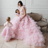 MQTIME  -  Luxury Pink Tulle Mother And Daughter Dresses For Photo Shoot   Family Look Long Train Puffy Mom And Kid Matching Dressing Gowns