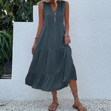 MQTIME  -  Solid Color Straight Tank Dress Sleeveless Holiday Viscose Maxi Dress Button Up V Neck Boho Dress Vacation Robes
