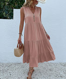 MQTIME  -  Solid Color Straight Tank Dress Sleeveless Holiday Viscose Maxi Dress Button Up V Neck Boho Dress Vacation Robes