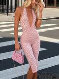 MQTIME  -  Fashion Hot Girl Lace Halter Neck Jumpsuits Women Sexy Deep V-neck Backless Package Hip Slim Seven-point Pants Jumpsuit