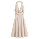 MQTIME  -  Halter Dress With Belt for Women Backless V Neck Women's Midi Dress With Adjustable Tie Belt Female Party Dresses