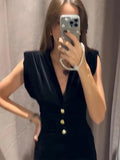 MQTIME  -  V-Neck Velvet Long Dresses Pleated Sexy Wide Shoulder Strap Waist Cinching Slim Fit Sleeveless Robes Gold Button Trend Dress