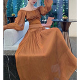 MQTIME  -  French Style Glossy Lantern Sleeves Kinked Butterfly One-word Shoulder Dress Pendant Long Dress