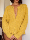  MQTIME  -  New Round Neck Button Knitted Long Sleeve Cardigan Fashion Elegant Items Top Winter Clothes Woman Soft Yellow Warm Sweater Coat