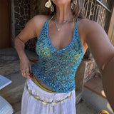 MQTIME  -  Women Sequin Halter Top Sexy Sleeveless Deep V Neck Glitter Tank Top Sparkle Backless Crop Top Summer Streetwear 2025