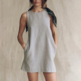 MQTIME  -  Cotton and Linen Short Dress Backless Solid Color Mini Dress Round Neck Open Back Beach Dress Boho Vestidos