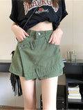 Mqtime Women's Clothing Vintage Irregular Army Green Denim Shorts Summer Streetwear Fashion High Waist A-Line Button Slim Pants Female