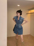 MQTIME  -  The Newest Fashion Wear Take Fashion Women Vintage Polo-neck Sleeveless Denim Blue Dress Party Cocktail Short Mini Dress
