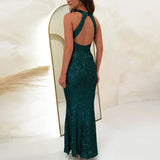 Mqtime Lady Elegant Slim Halter Glitter Club Maxi Dress Sexy Sleeveless Shiny Bodycon Evening Dresses Women Fashion Sequins Party Dress